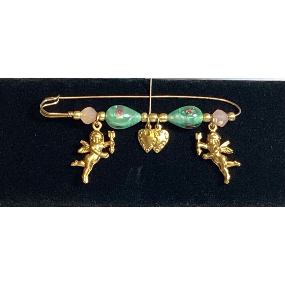 Vintage and New Safety Pin Brooch Glass Beads Hearts and Cherubs